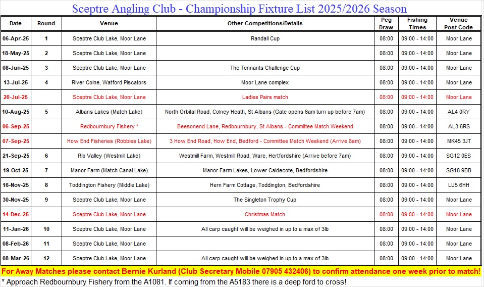 Sceptre Fixtures List 2025-26